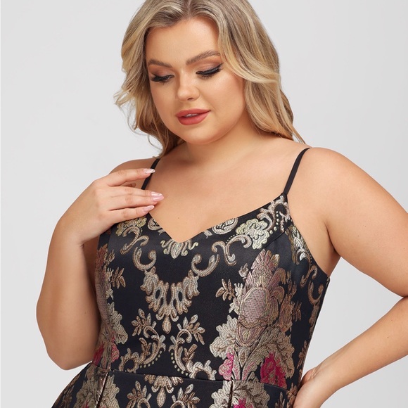 JJs House Black Floral Brocade Midi Dress with Gold and Pink Accents - Picture 2 of 6